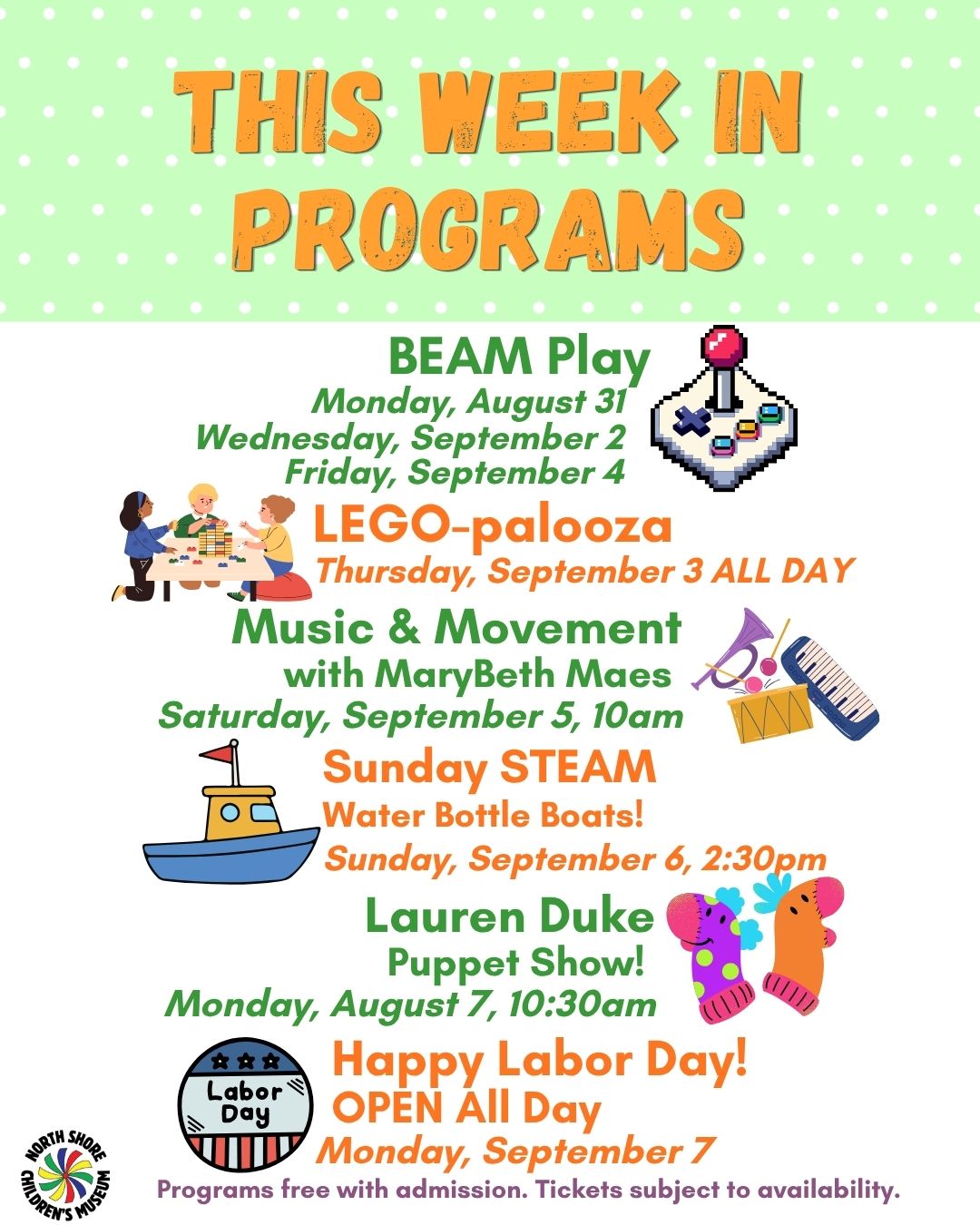 A colorful flyer lists Upcoming Programs for the Week of August 31, including BEAM Play, LEGO-palooza, Music & Movement, Sunday STEAM, Lauren Duke Puppet Show, and all-day Labor Day hours. Playful icons decorate the flyer.