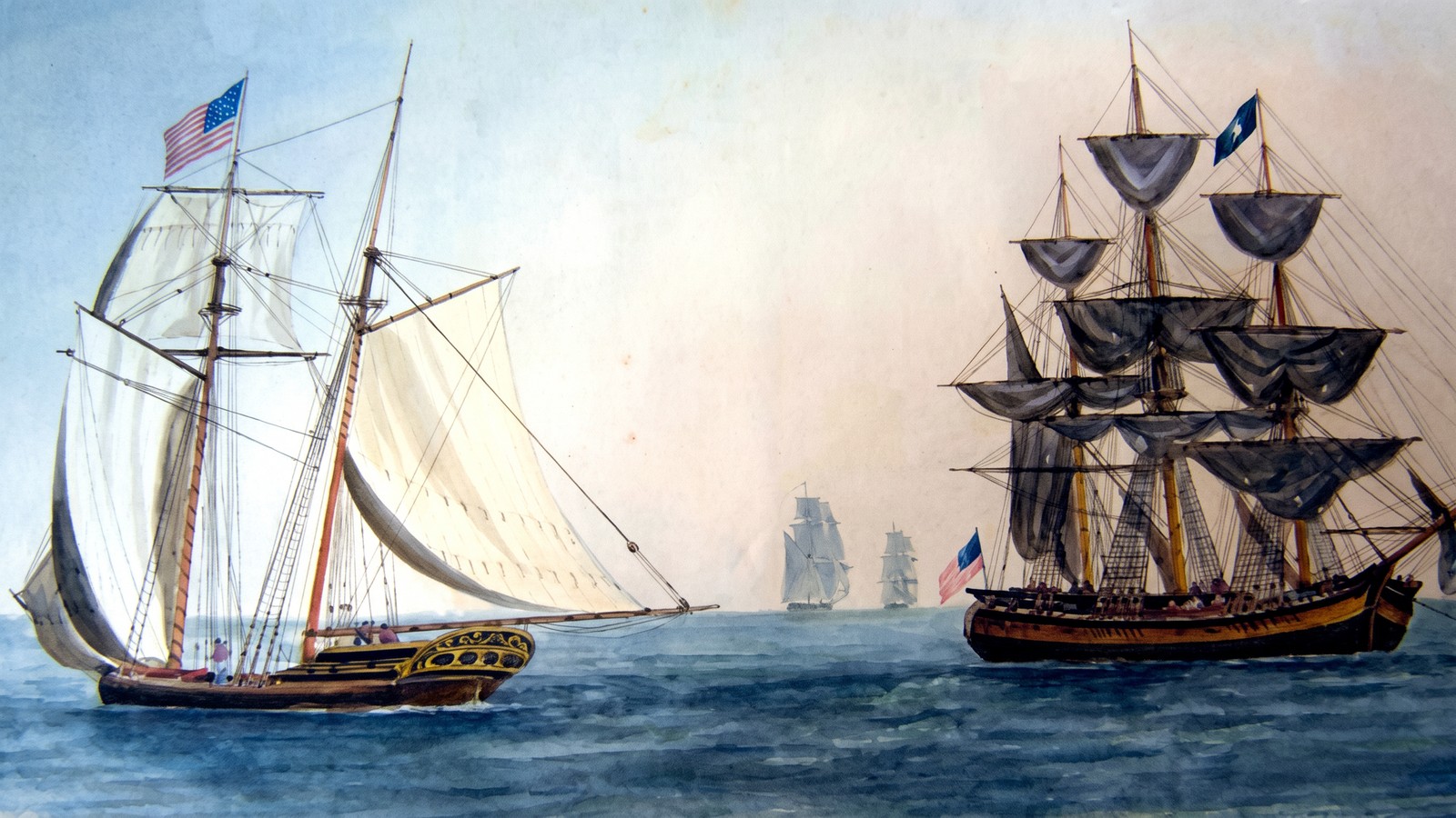 Painting of two tall ships under sail off Beverly, one flying an early American flag, evoking fall events in Beverly MA