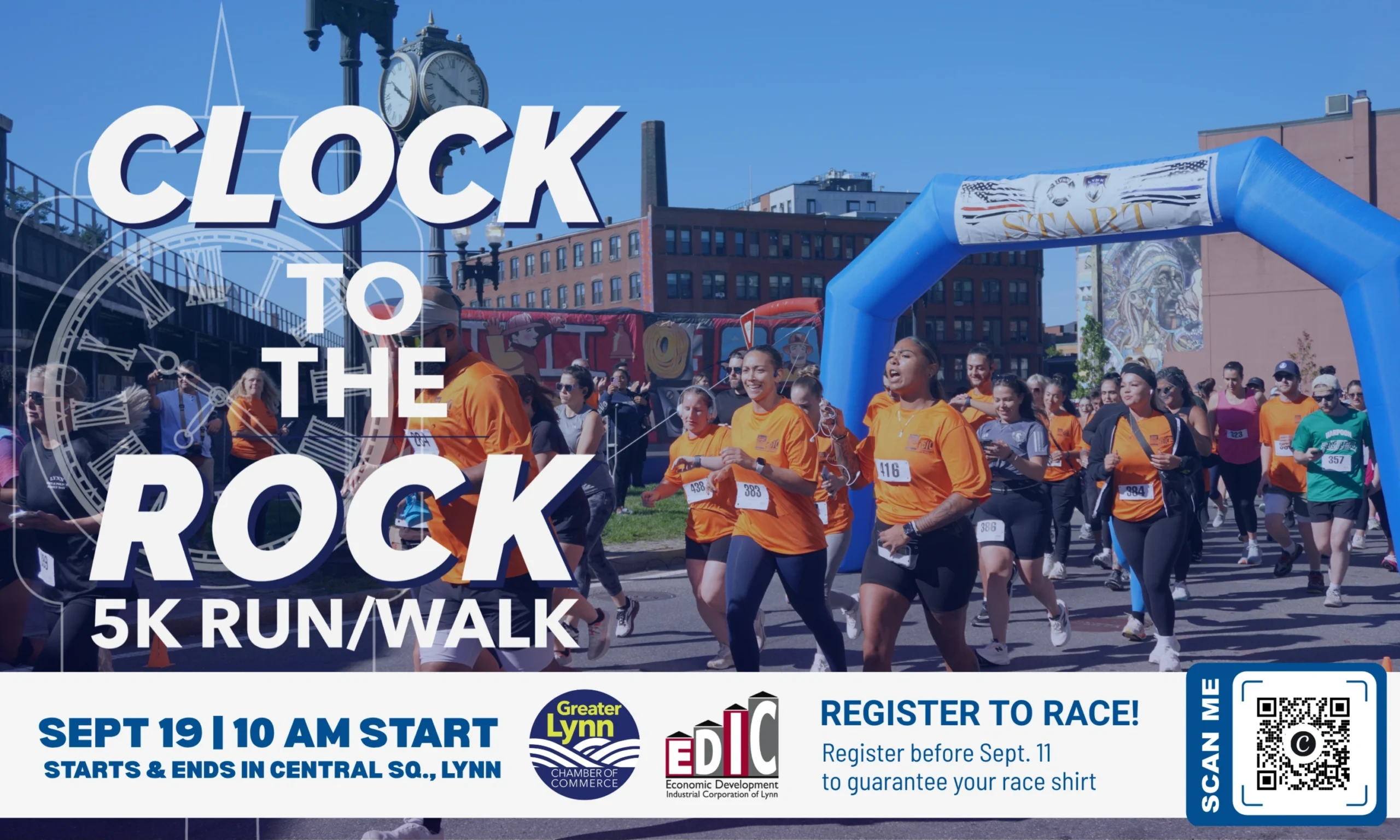 A group of runners in orange shirts participate in the 2026 Clock to the Rock 5K running event near a blue inflatable arch. Event details, registration info, QR code, and logos appear on a blue and white banner at the bottom of the image.