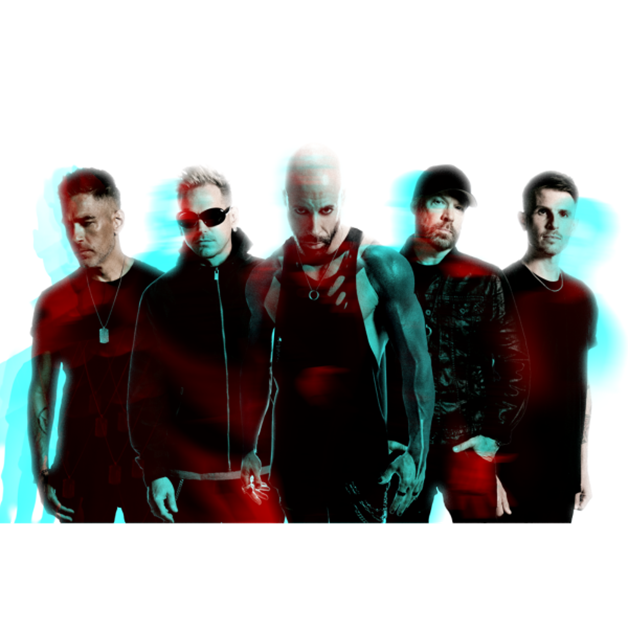Five men stand in a row against a white background, glitch-style red and blue effects partially obscuring them. Clad in dark clothing with serious expressions, they evoke the energy of Daughtry’s 20 Years Unplugged Tour.