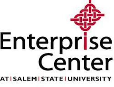 Logo for the Enterprise Center at Salem State University, featuring black text and a red decorative knot above the “i” in “Enterprise.” Perfect for illustrating business series or simple steps to starting your business, with school name below in red and black.