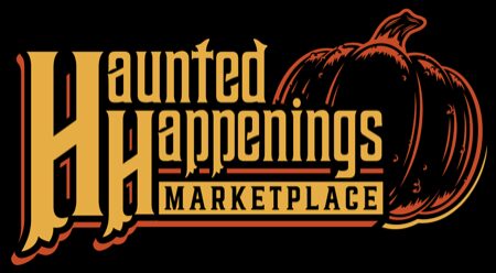 Logo for “Haunted Happenings Marketplace” in orange and yellow text beside an illustrated pumpkin, all on a black background—perfect for Parade Night or DJ Kim Collins events at Charlotte Forten Park.