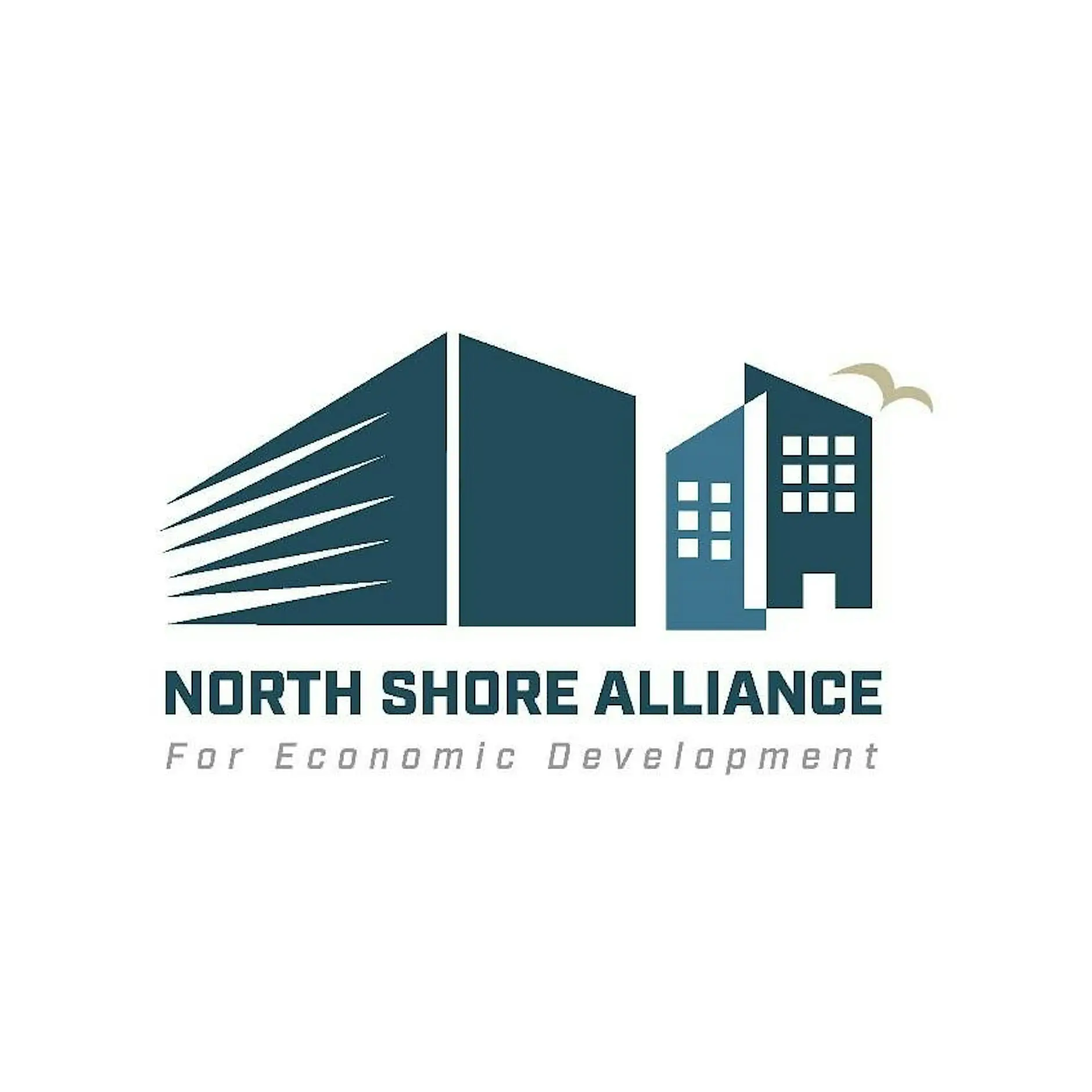 Logo for the North Shore Alliance for Economic Development, featuring a stylized city skyline and a bird, from the Policymaker Series.