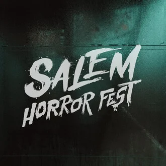 The image features “SALEM HORROR FEST” in bold, white, brushstroke-style letters set against a dark, textured background, perfectly capturing the eerie vibe of Salem Horror Fest.