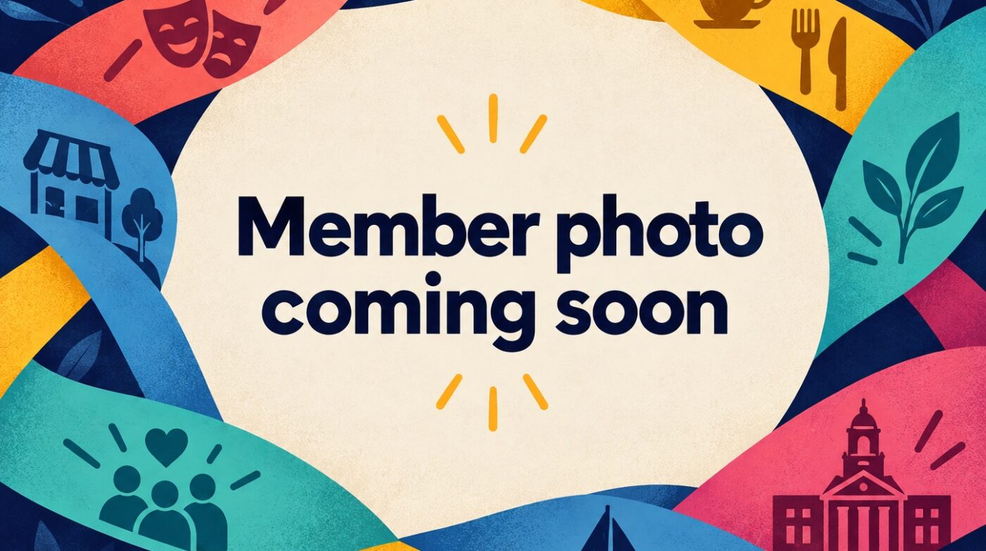A graphic with colorful ribbons and icons representing art, food, family, nature, shopping, boating, and a building. The center has the text “Member photo coming soon” on a light background.