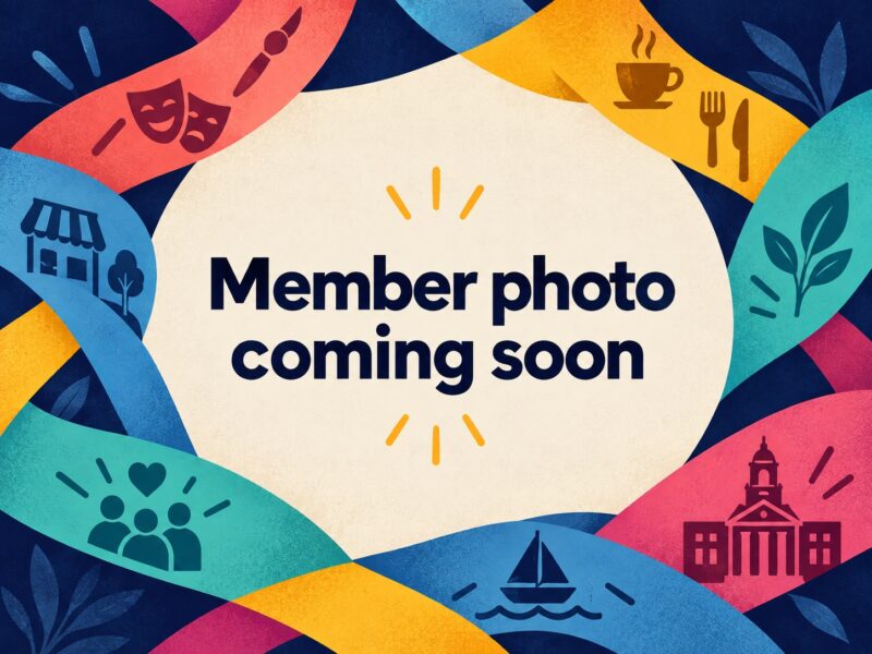 A graphic with colorful ribbons and icons representing art, food, family, nature, shopping, boating, and a building. The center has the text “Member photo coming soon” on a light background.