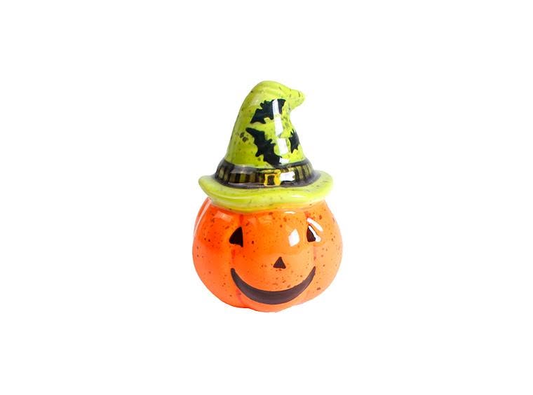 This Halloween Figurine is a ceramic orange jack-o’-lantern with a smiling face, topped with a green and black witch hat. Perfect for any Paint and Take or Halloween Craft activity. The simple white background highlights its festive charm.