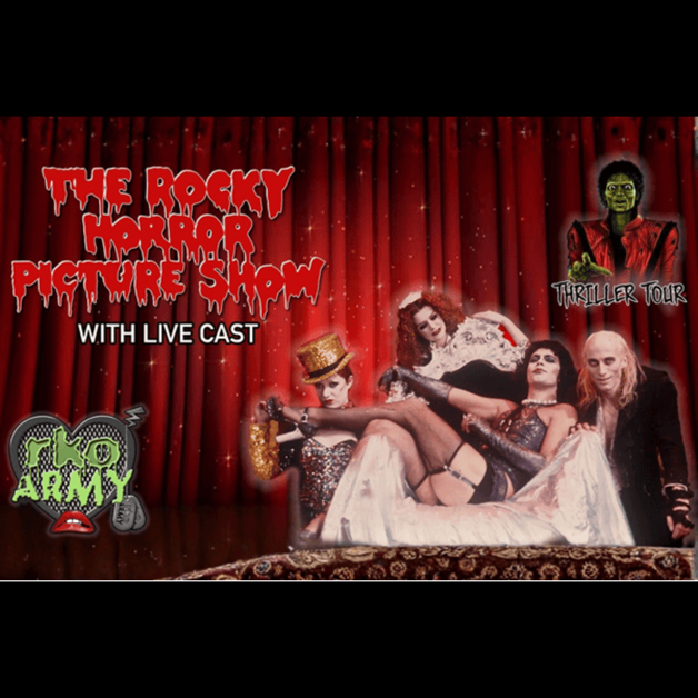 A promotional image for the Rocky Horror Picture Show, with RKO Army live cast in costume before a red curtain, showcasing the “Thriller Tour,” stylized title text, and the official RKO Army logo.
