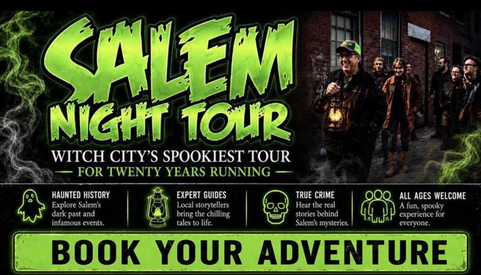 Salem Night Tour founder Tim Maguire holding a lantern in front of a tour group in downtown Salem, with the tour logo and the words for twenty years running