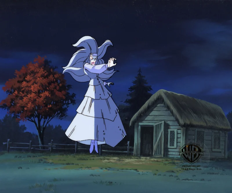 A ghostly, white-haired figure in flowing clothes floats with arms raised in front of a wooden shack at night; a tree with orange leaves and a fence are visible under a dark, cloudy sky.