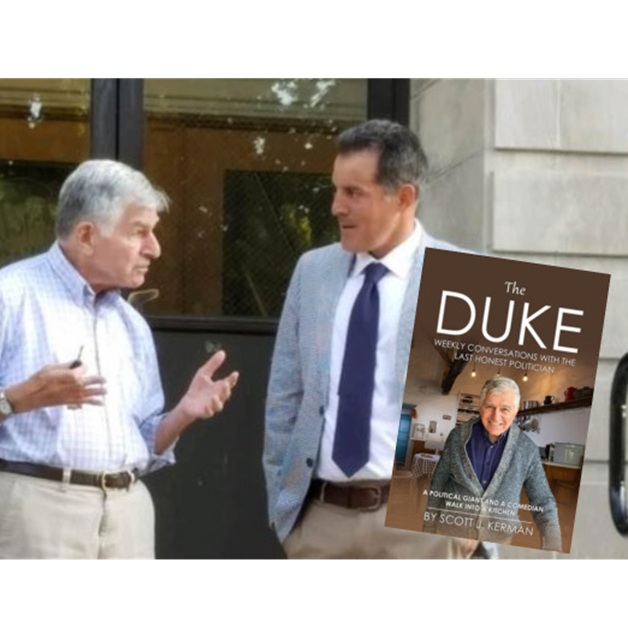 Two men in collared shirts and slacks stand outside a building, chatting. In the foreground is Scott Kerman’s “The Duke,” featuring an honest politician seated at a kitchen table on the cover.