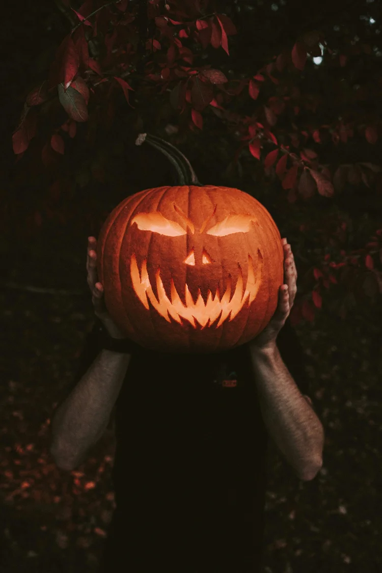 A person holds a large jack-o’-lantern with a menacing, sharp-toothed grin and slanted eyes in front of their face. The background shows dark foliage and red leaves, suggesting a nighttime or evening setting.