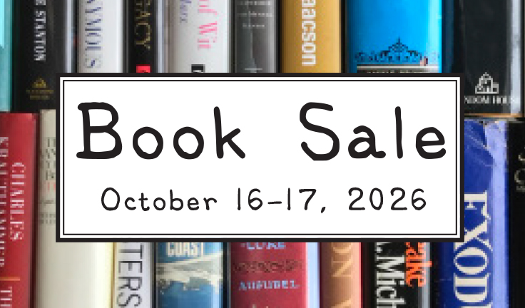 Text overlay on a background of book spines reading “Book Sale, October 16-17, 2026.”