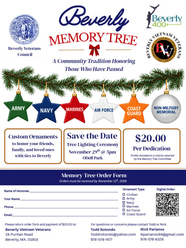 Flyer for the Beverly Memory Tree memorial event, featuring a $20 ornament dedication, event details for November 29th, and a printable order form with contact information.