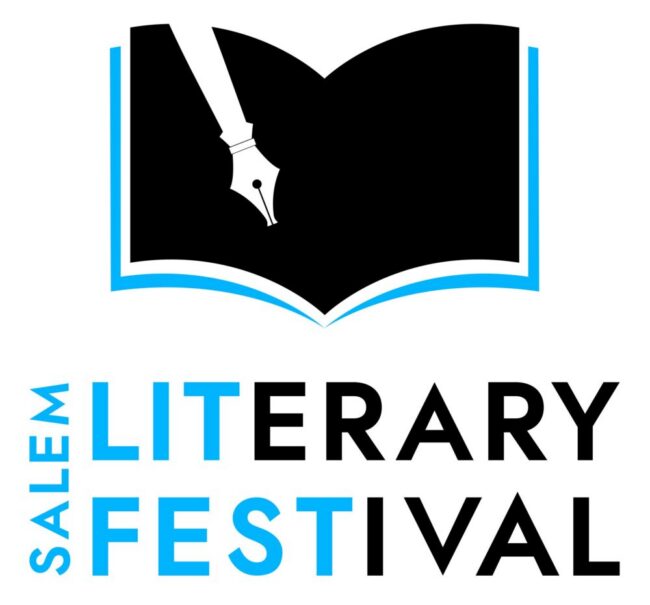 Logo for the Salem Literary Festival, featuring an open book icon with a fountain pen nib and the text “Salem Literary Festival.”