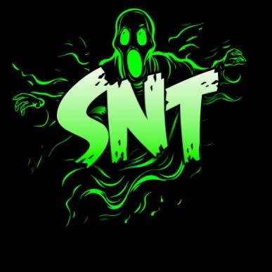 A glowing green ghost figure behind the large letters SNT.