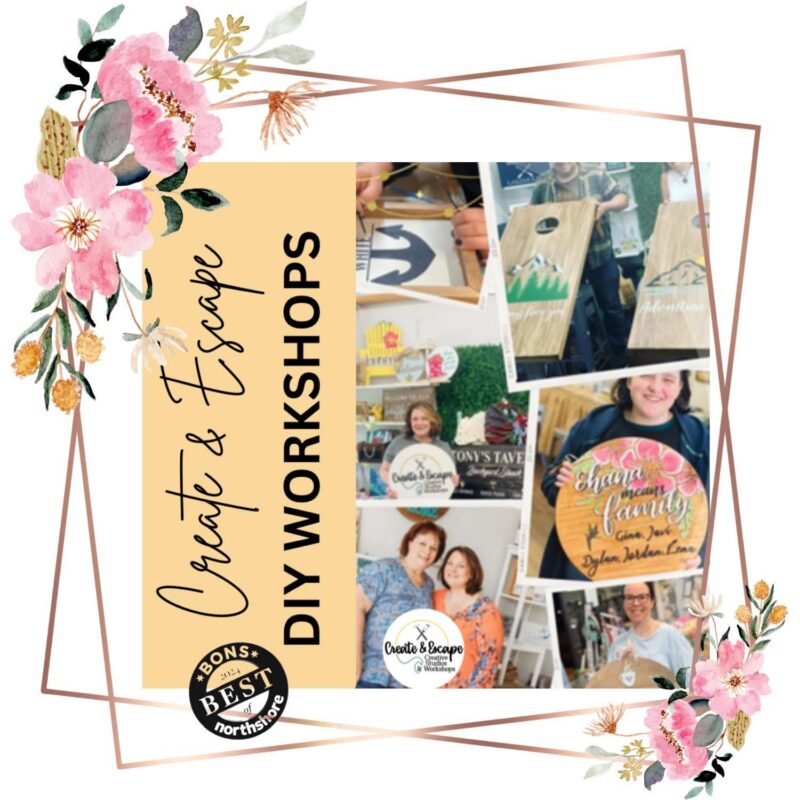 Promotional graphic for Create & Escape DIY workshops, featuring a collage of people crafting personalized wood signs and cornhole boards in an open studio, framed by pink floral illustrations.