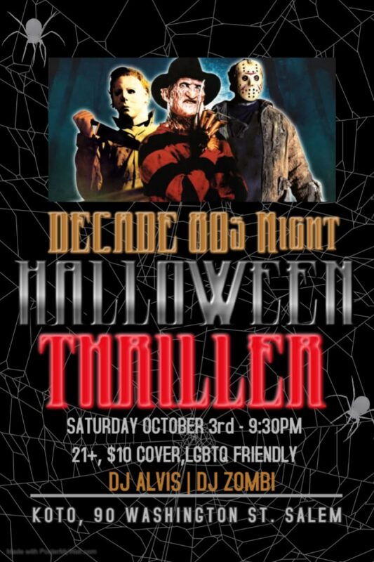Halloween party poster for October 3rd at 9:30 PM at Koto in Salem, featuring horror icons Michael Myers, Freddy Krueger, and Jason Voorhees, with music by DJ Alvis and DJ Zombi in an 80s theme.