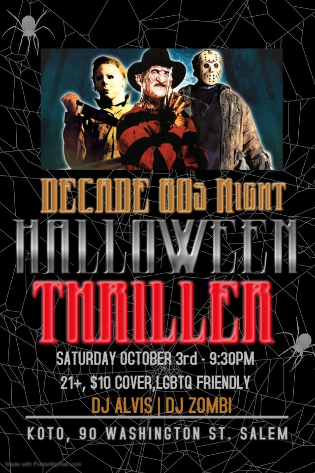 Halloween party poster for October 3rd at 9:30 PM at Koto in Salem, featuring horror icons Michael Myers, Freddy Krueger, and Jason Voorhees, with music by DJ Alvis and DJ Zombi in an 80s theme.