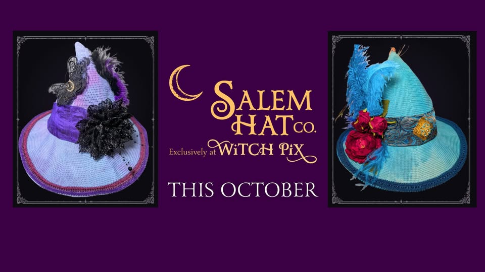 Two decorated witch hats sit on a purple background with “Salem Hat Co. Exclusively at WitchPix. This October.” One hat is purple with black and silver accents; the other shines in blue, trimmed with feathers, red flowers, and golden details.