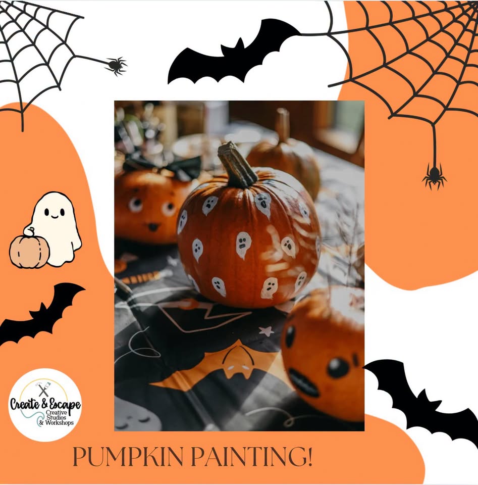 Three painted pumpkins sit on a Halloween-themed tablecloth framed by ghosts, bats, and spiderwebs, with “PUMPKIN PAINTING!” at the bottom of this fall craft.