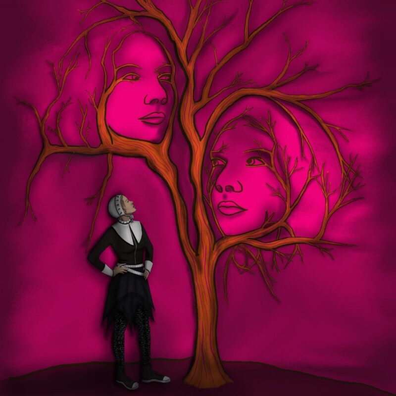 A person wearing a historical-style cap and black outfit stands before a tree with two large faces integrated into its branches against a vibrant pink background.