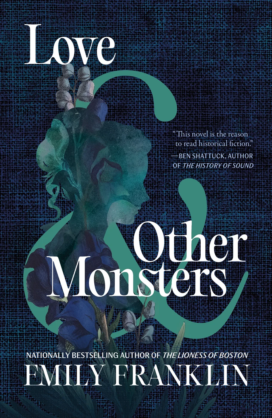 Book cover for Love & Other Monsters by Emily Franklin, featuring a silhouette of a person amidst blue flowers, a quote from Ben Shattuck, and details for a local book event.