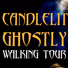 Promotional graphic with the words “Candlelit Ghostly Walking Tour” in stylized gold font against a black background with a moonlit tree.