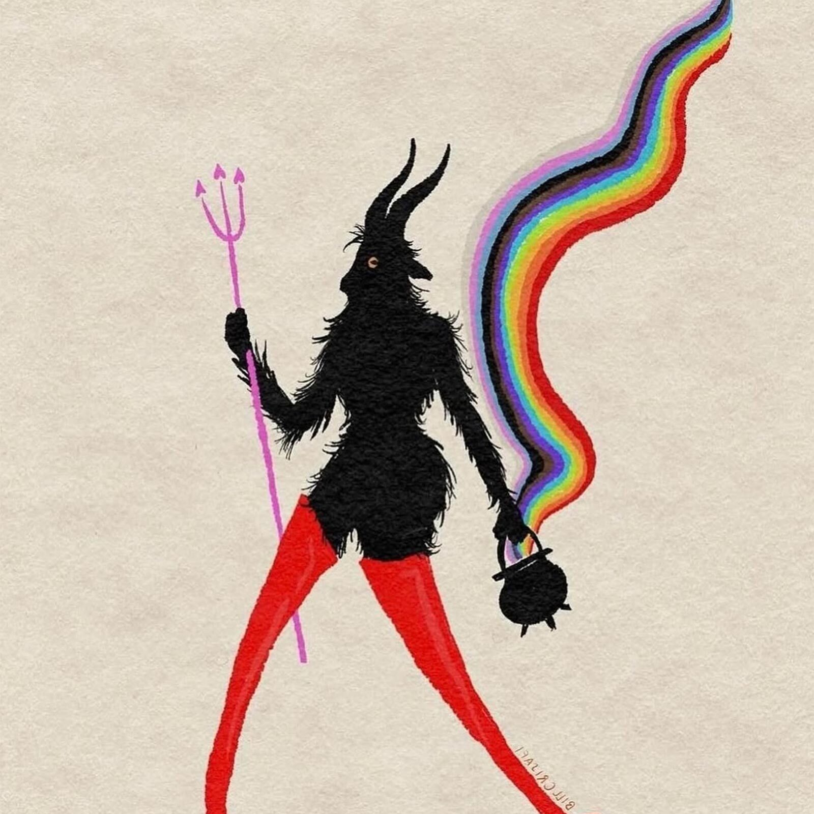 A Bill Crisafi illustration of a horned, black-furred figure with red legs holding a trident and a small cauldron, from which a rainbow trail emerges during a Virtual Creative Foundations workshop.