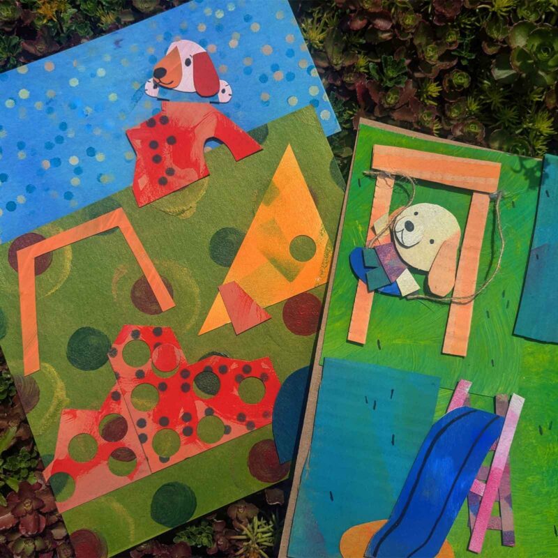 Two mixed-media paper collage panels depicting dogs playing at a park with a swing set and a slide.