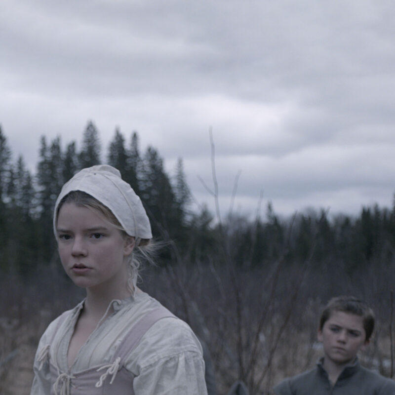 A young woman wearing a bonnet and a young boy standing in a wooded, overcast landscape.