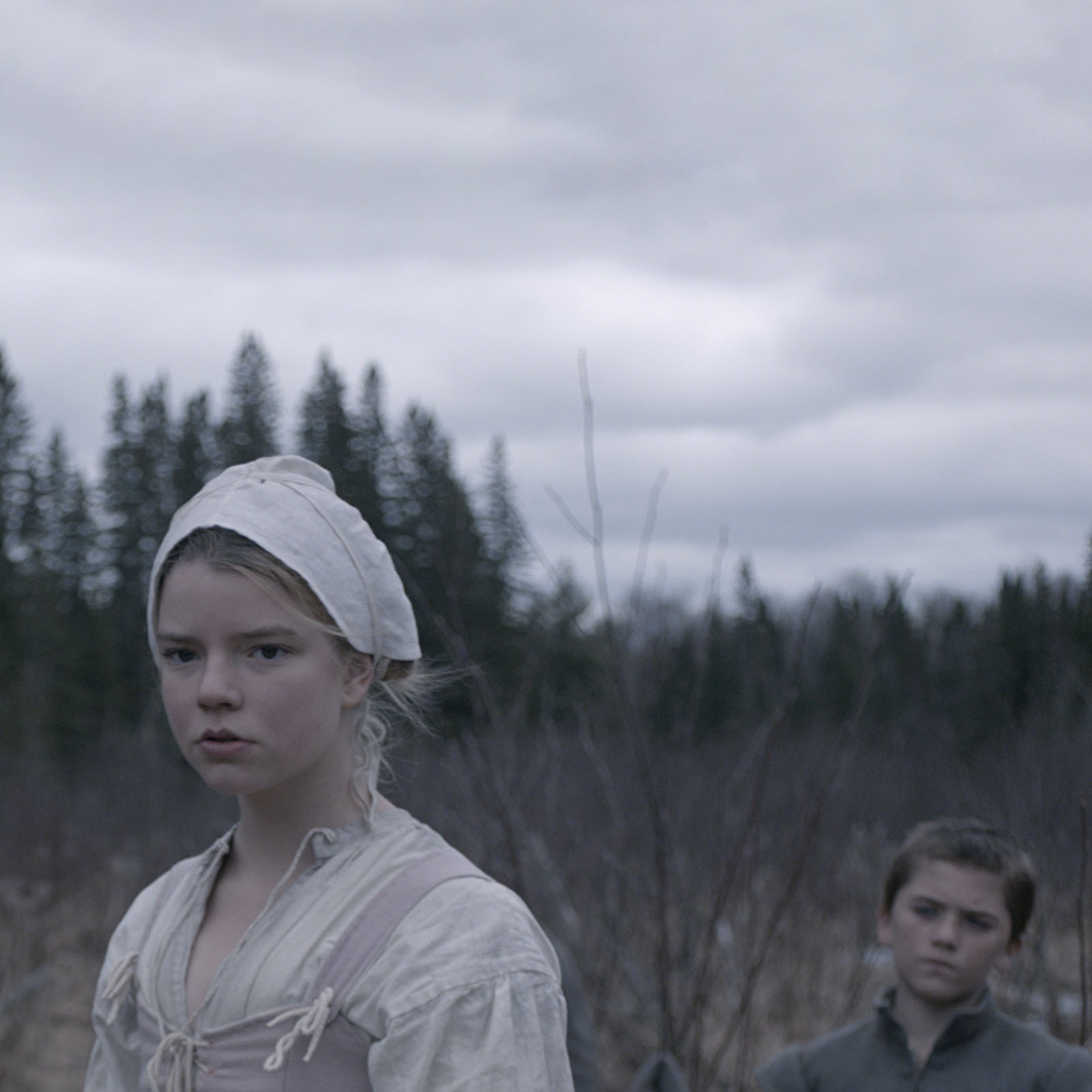 A young woman wearing a bonnet and a young boy standing in a wooded, overcast landscape.