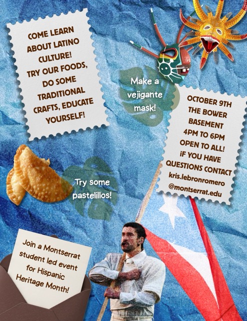 Flyer for a Hispanic Heritage Month celebration on October 9th from 4pm to 6pm at The Bower Basement, featuring traditional crafts, food, and a student-led presentation on Hispanic culture.