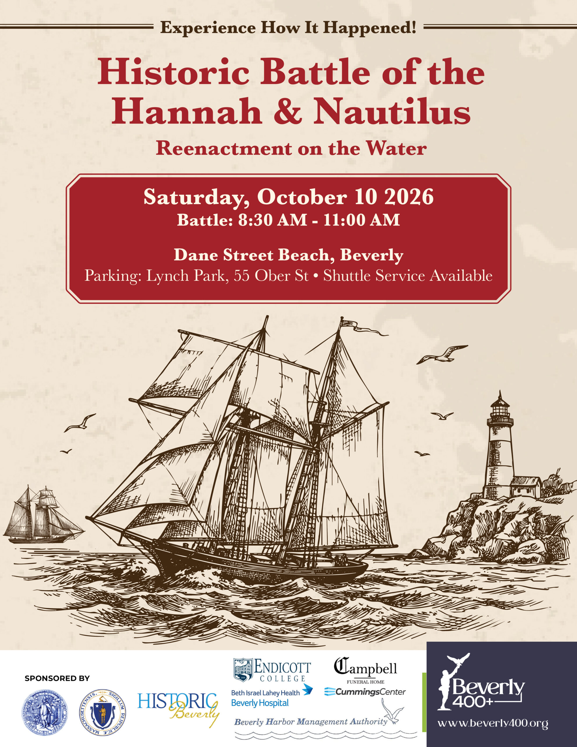 Event poster for the Historic Battle of the Hannah & Nautilus reenactment on Saturday, October 10, 2026, at Dane Street Beach in Beverly, featuring event times, parking information, and sponsor logos.