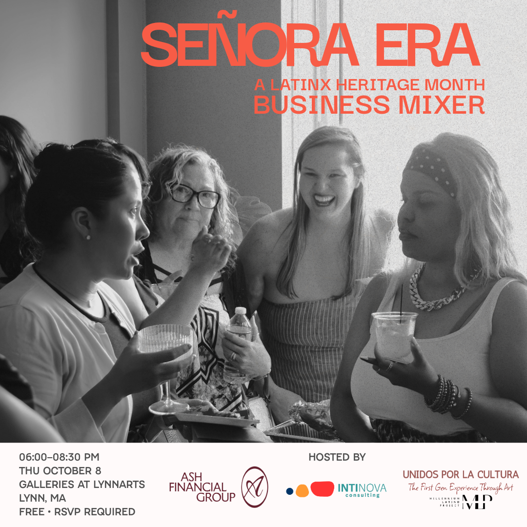 Four women chat at a business mixer celebrating Latinx Heritage Month. Event details, host organizations, and sponsors are displayed, promoting the “SEÑORA ERA: A Latinx Heritage Month Business Mixer” in Lynn, MA on October 8.