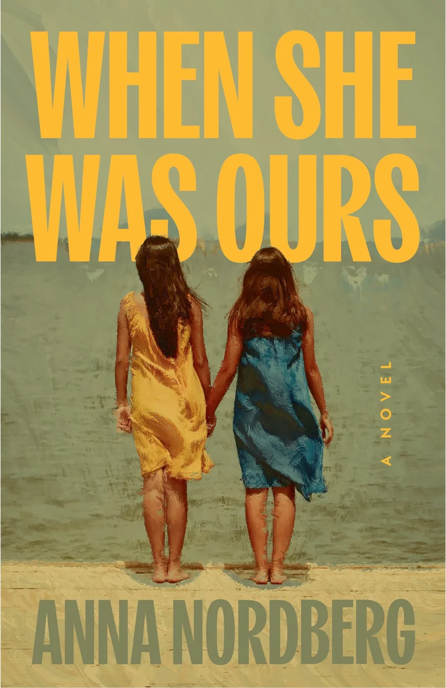 Book cover for the When She Was Ours author event, showing two girls in dresses holding hands while standing on a dock facing the water.