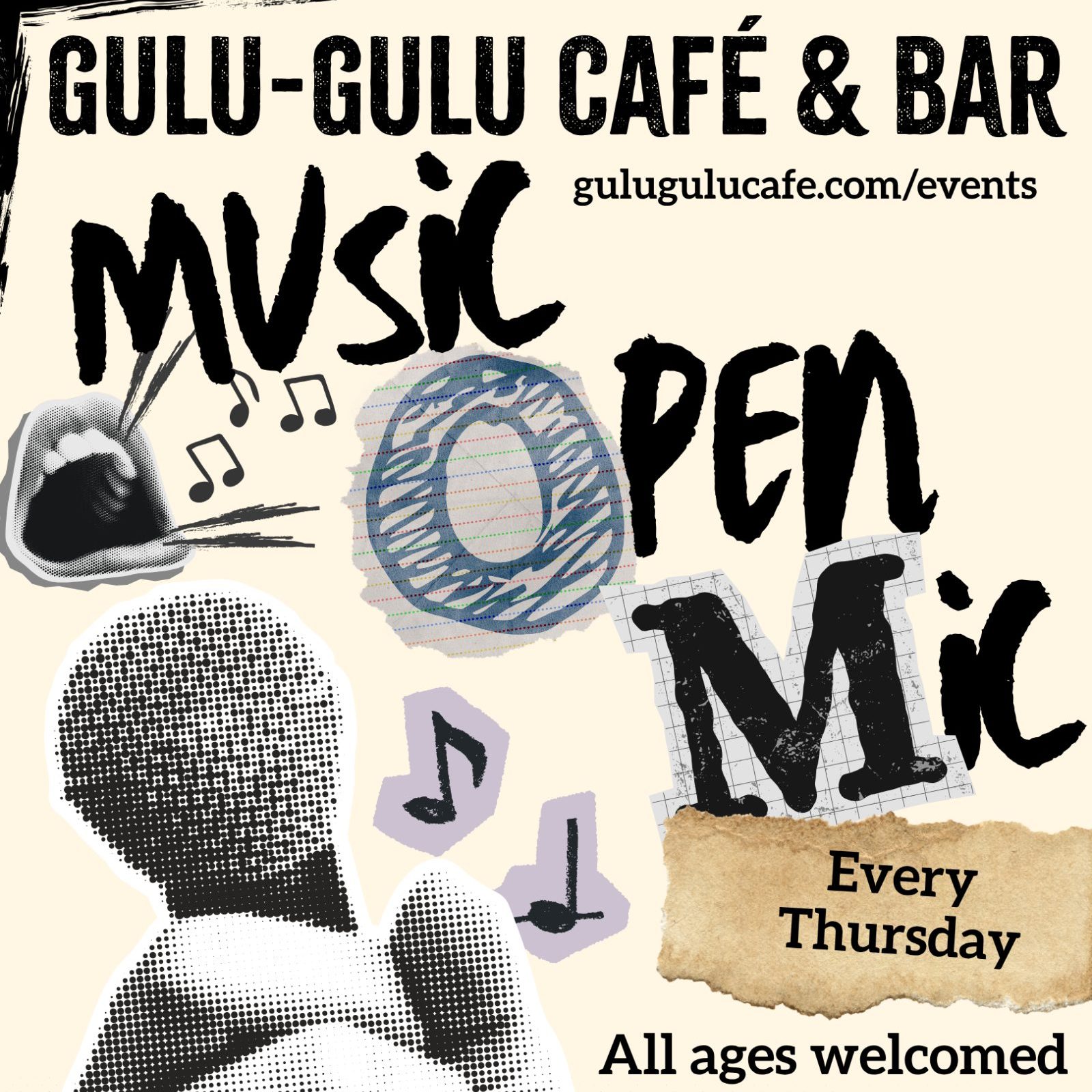Event poster for Gulu-Gulu Café & Bar featuring music open mic every Thursday, with a website link and a note that all ages are welcomed.