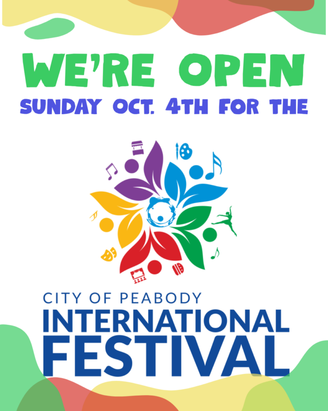 Poster for the City of Peabody International Fest on Sunday, October 4th, featuring a colorful, flower-shaped icon made of various cultural and musical symbols.
