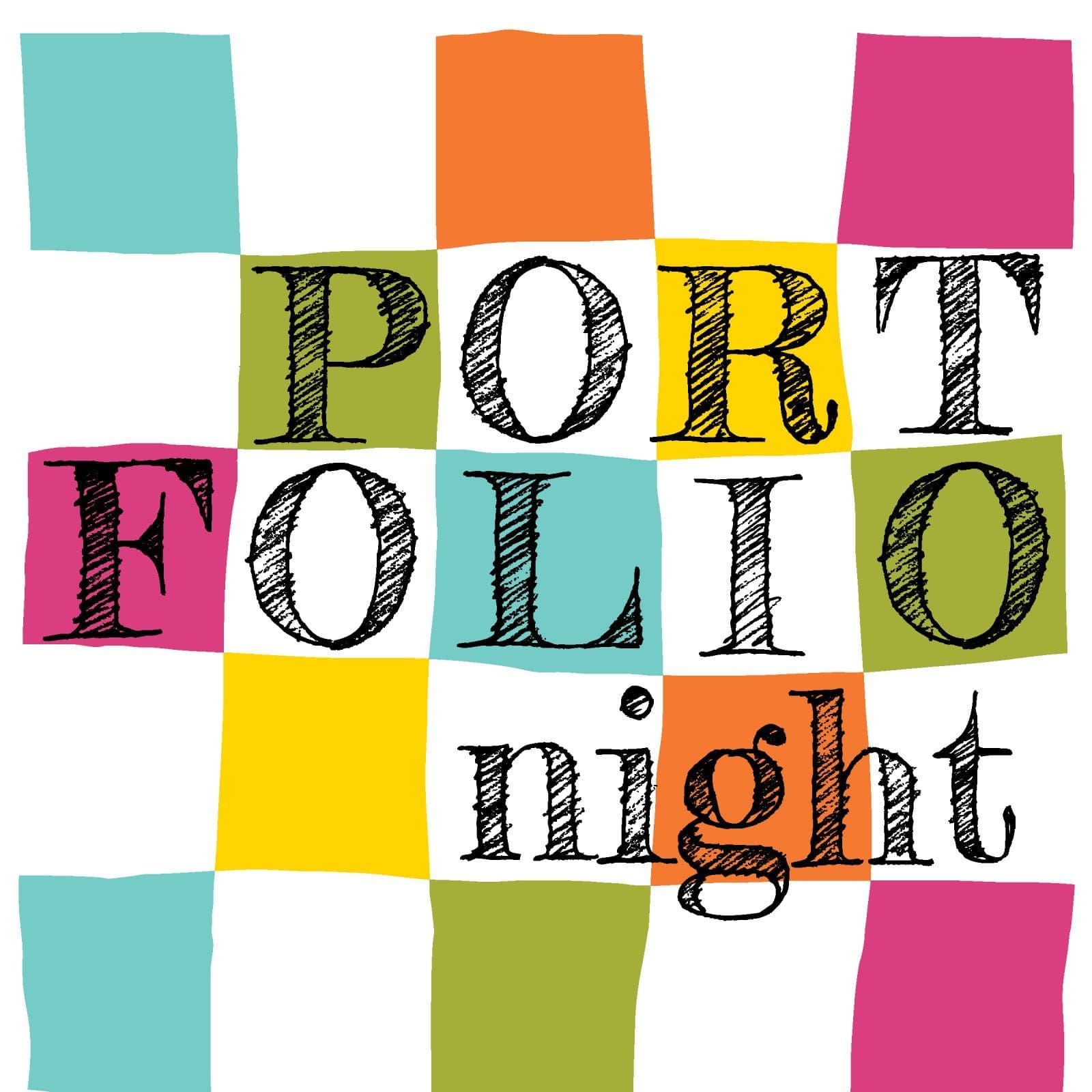 Text reading “PORTFOLIO night” in black, sketched-style letters over a background of multi-colored squares.