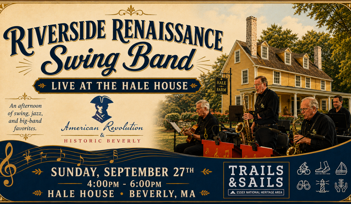 Poster for a Riverside Renaissance Swing Band concert at the Hale House on Sunday, September 27th, from 4:00 PM to 6:00 PM in Beverly, MA, featuring a photograph of a live band performing in front of a historic yellow house.