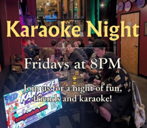 Patrons sit at tables in a dimly lit bar, enjoying Sevenings and CCE Nightlife during karaoke night, Fridays at 8PM. Join us for a night of fun, friends and karaoke!.