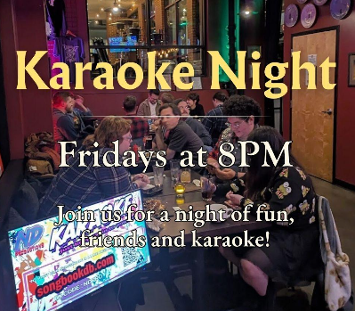 Patrons sit at tables in the dimly lit Castle bar with text overlay reading “Karaoke Night, Fridays at 8PM. Join us for a night of fun, friends and karaoke!” and a promotional sign for songbookdb.com in the foreground.