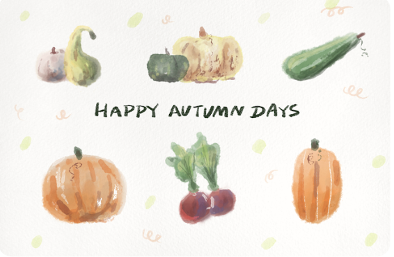Watercolor illustration of various pumpkins, gourds, and radishes surrounding the text “HAPPY AUTUMN DAYS” in a style suitable for card making.