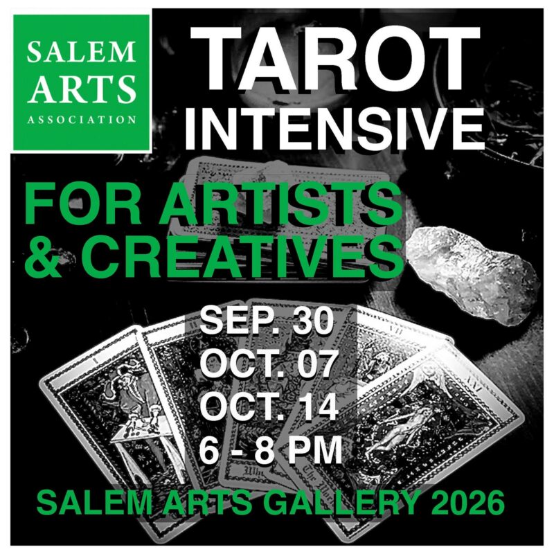 Event poster for the Salem Arts Association Tarot workshop for artists and creatives, held at the Salem Arts Gallery on September 30, October 7, and October 14 from 6 to 8 PM.