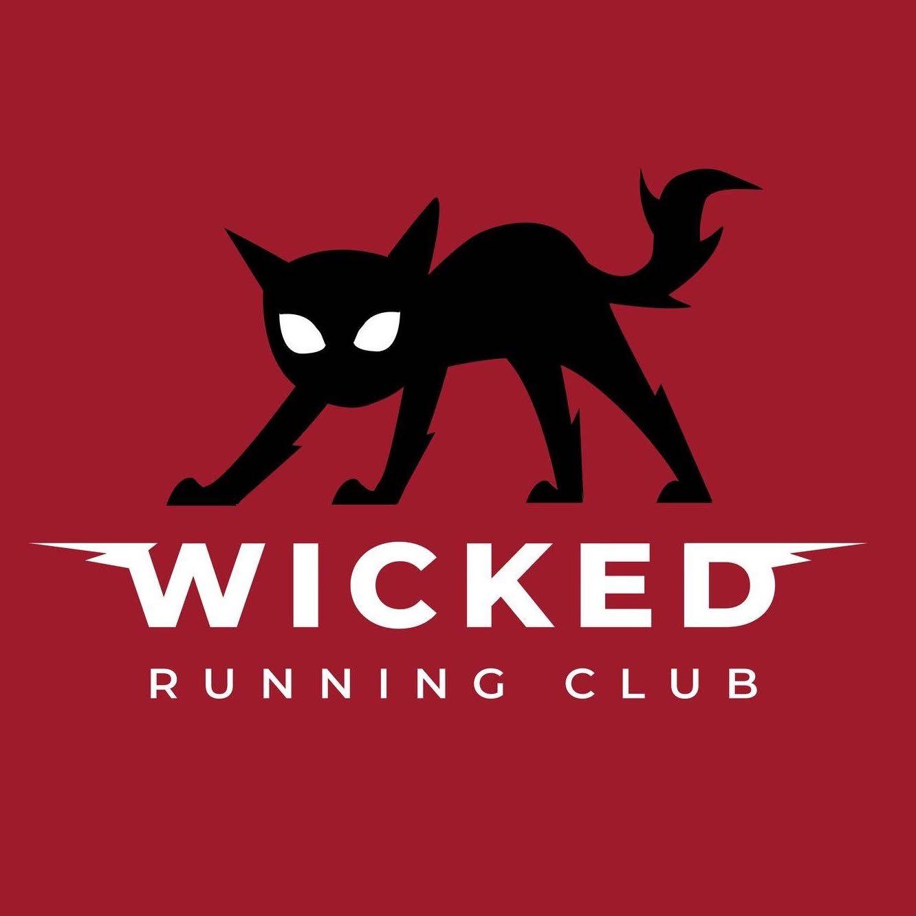 Logo for Wicked Running Club featuring a silhouette of a black cat with glowing eyes.