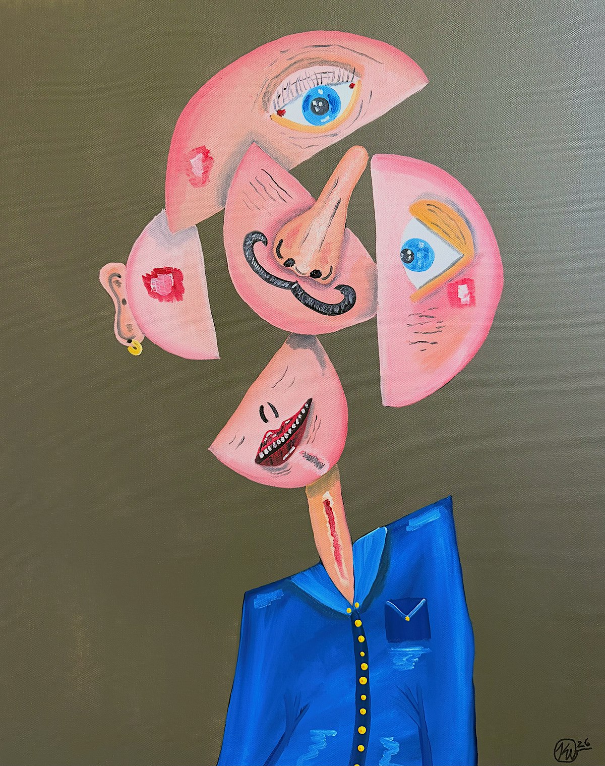Surrealist painting of a figure with a blue jacket and a detached, fragmented face featuring multiple eyes and a mustache.