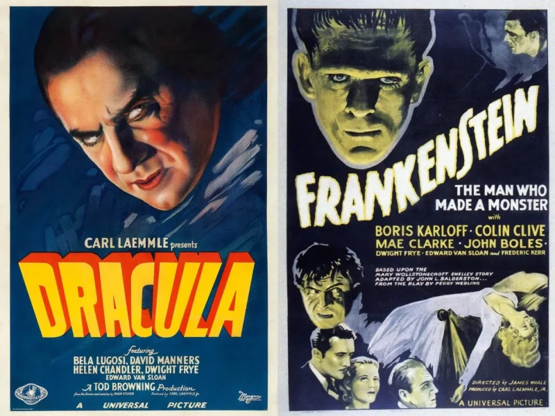 Vintage classic horror movie posters for Dracula and Frankenstein featuring the main characters’ faces and cast lists.