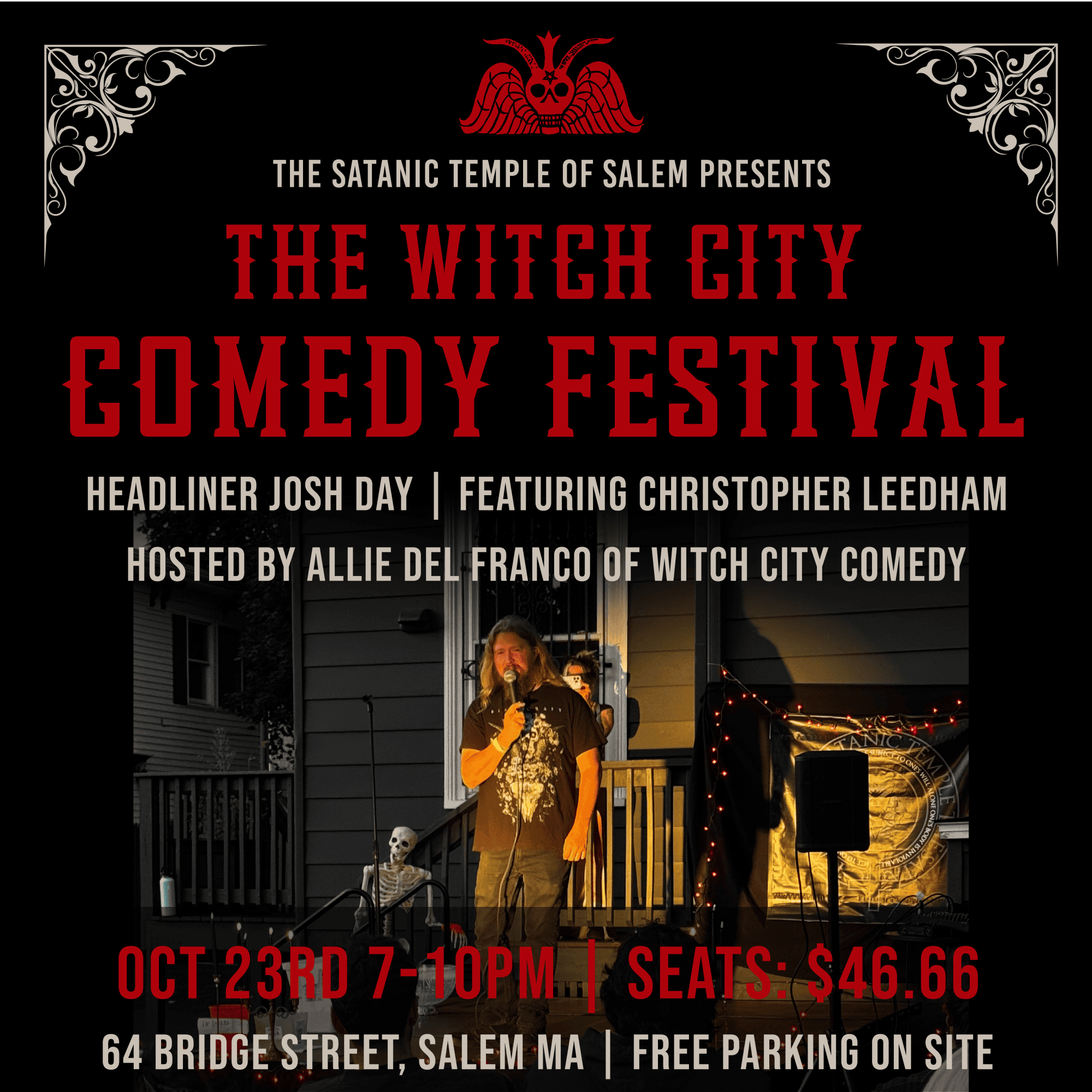 Poster for The Witch City Comedy Festival hosted by The Satanic Temple of Salem on October 23 from 7-10 PM at 64 Bridge Street, Salem, featuring Josh Day, Christopher Leedham, and Allie Del Franco, with tickets priced at $46.66.