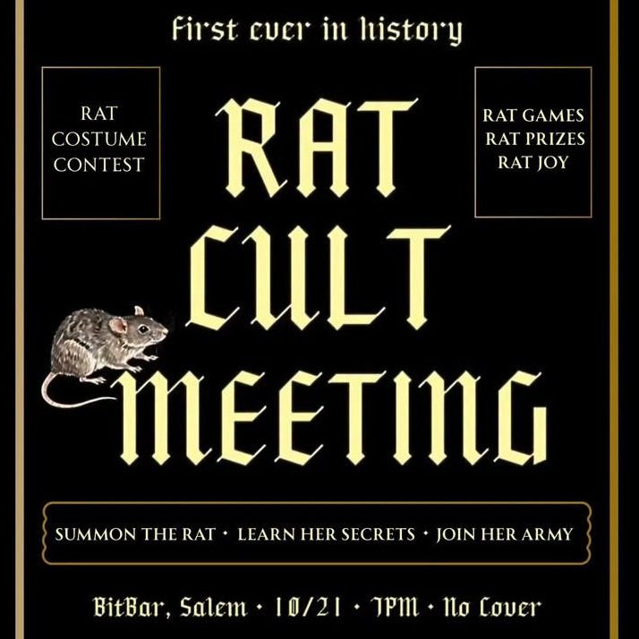 Flyer for a Rat Cult Meeting on October 21 at BitBar, Salem, featuring a rat costume contest, games, and prizes.