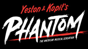 Logo for Yeston & Kopit’s Phantom: The American Musical Sensation, with the word “Phantom” in large, stylized white brushstroke lettering over a red horizontal line, perfect for Essex County nightlife.